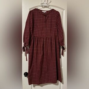 Stevie Hender Burgundy Plaid Midi Dress with Tie Sleeves